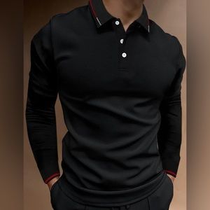 SHEIN Men Striped Trim Polo Long Sleeve Shirt